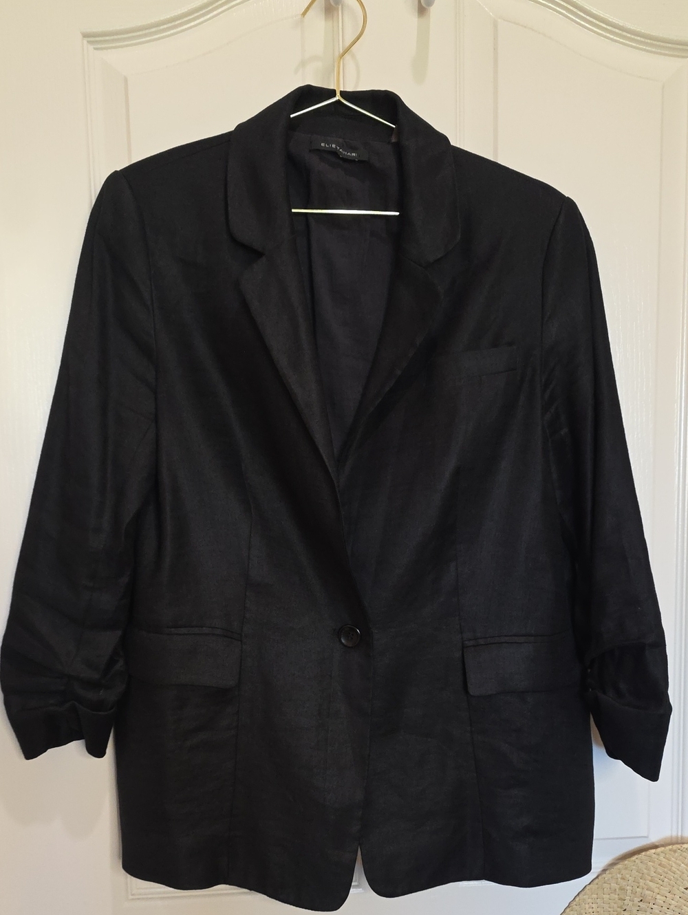 Elie Tahari Black Single-Button Ruched Sleeve Linen Blend Blazer Size 8